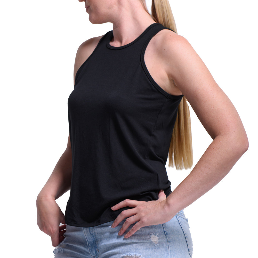 Women's Sport tank top made from sustainable fabric. Available in black.